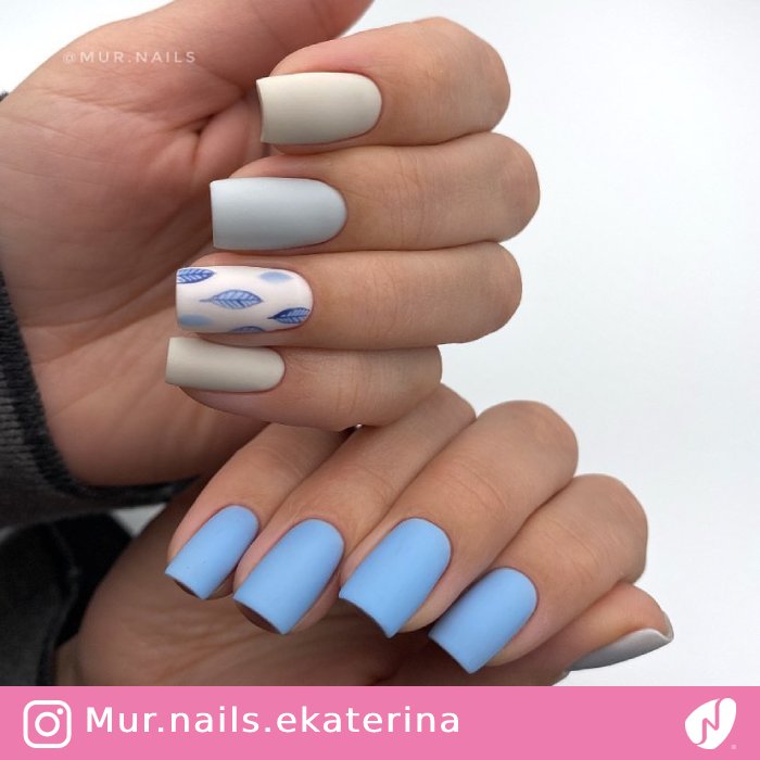 Matte Blue Nails with Leaves